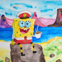 SpongeBob SquarePants dressed as a sailor drinking a cup of coffee in a mountainside scene, watercolors by 5 year old